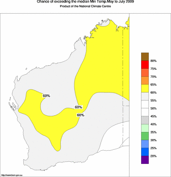 probability of exceeding median minimum temperature - click on the image for a larger version of the map