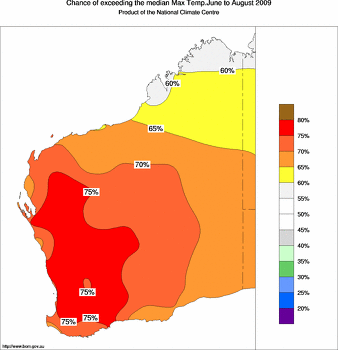 probability of exceeding median maximum temperature - click on the image for a larger version of the map