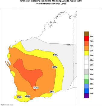probability of exceeding median minimum temperature - click on the image for a larger version of the map
