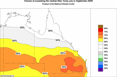 probability of exceeding median maximum temperature - click on the image for a larger version of the map