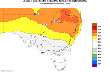 probability of exceeding median maximum temperature - click on the image for a larger version of the map