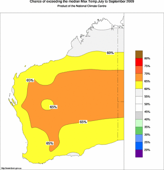 probability of exceeding median maximum temperature - click on the image for a larger version of the map
