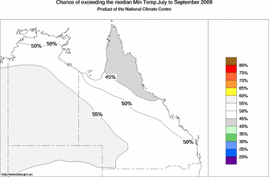 probability of exceeding median minimum temperature - click on the image for a larger version of the map