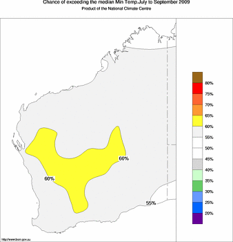 probability of exceeding median minimum temperature - click on the image for a larger version of the map