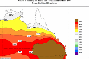 probability of exceeding median maximum temperature - click on the image for a larger version of the map
