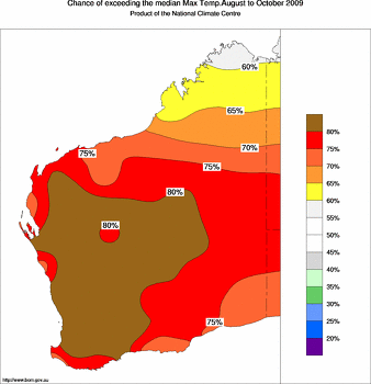 probability of exceeding median maximum temperature - click on the image for a larger version of the map