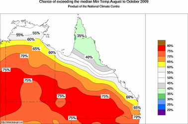 probability of exceeding median minimum temperature - click on the image for a larger version of the map