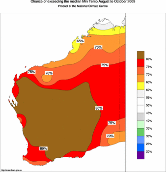 probability of exceeding median minimum temperature - click on the image for a larger version of the map