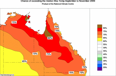 probability of exceeding median maximum temperature - click on the image for a larger version of the map
