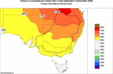 probability of exceeding median maximum temperature - click on the image for a larger version of the map
