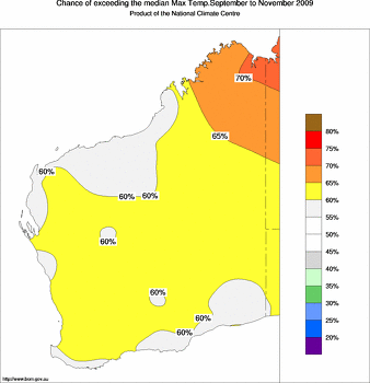 probability of exceeding median maximum temperature - click on the image for a larger version of the map