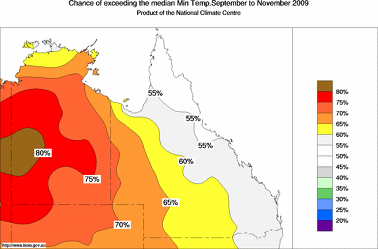 probability of exceeding median minimum temperature - click on the image for a larger version of the map