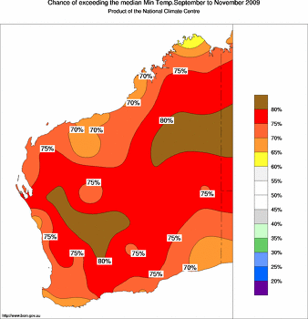 probability of exceeding median minimum temperature - click on the image for a larger version of the map