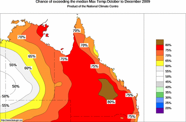 probability of exceeding median maximum temperature - click on the image for a larger version of the map