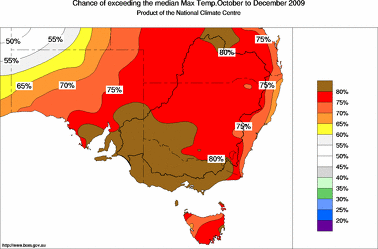 probability of exceeding median maximum temperature - click on the image for a larger version of the map
