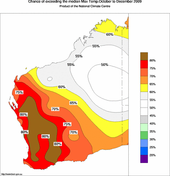 probability of exceeding median maximum temperature - click on the image for a larger version of the map