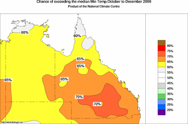probability of exceeding median minimum temperature - click on the image for a larger version of the map