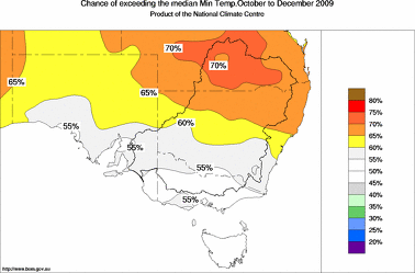 probability of exceeding median minimum temperature - click on the image for a larger version of the map