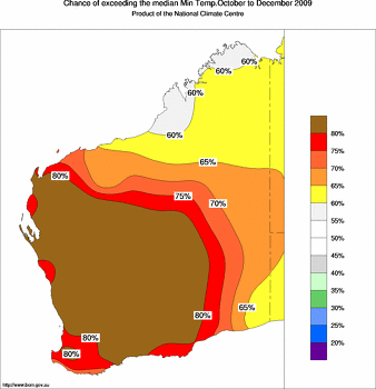 probability of exceeding median minimum temperature - click on the image for a larger version of the map