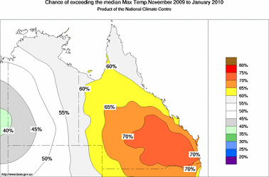 probability of exceeding median maximum temperature - click on the image for a larger version of the map