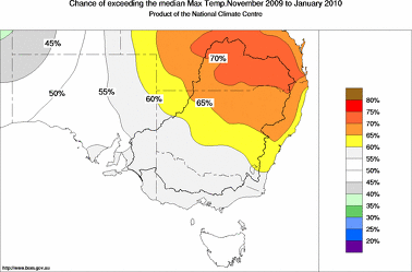 probability of exceeding median maximum temperature - click on the image for a larger version of the map
