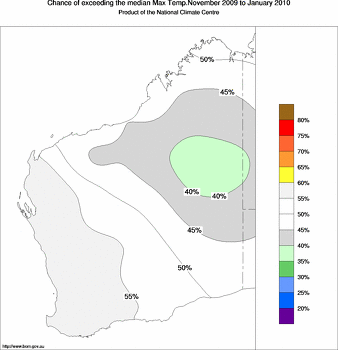 probability of exceeding median maximum temperature - click on the image for a larger version of the map