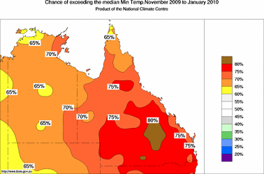 probability of exceeding median minimum temperature - click on the image for a larger version of the map