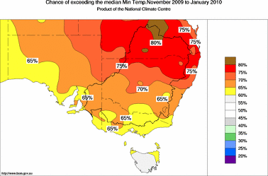 probability of exceeding median minimum temperature - click on the image for a larger version of the map
