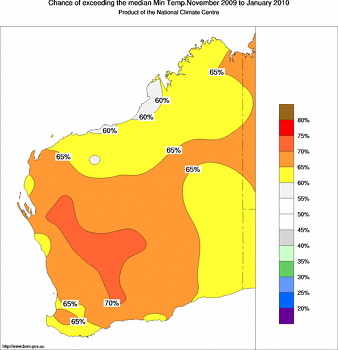 probability of exceeding median minimum temperature - click on the image for a larger version of the map