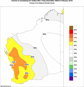 probability of exceeding median maximum temperature - click on the image for a larger version of the map