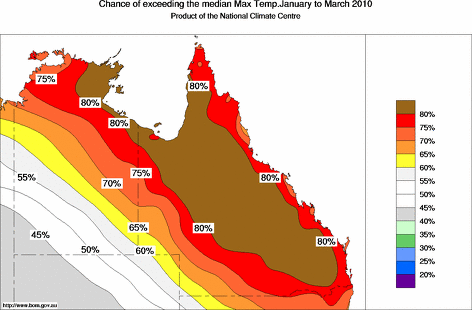 probability of exceeding median maximum temperature - click on the map for a larger version of the map