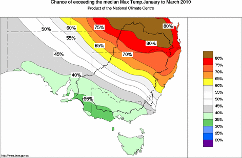 probability of exceeding median maximum temperature - click on the map for a larger version of the map