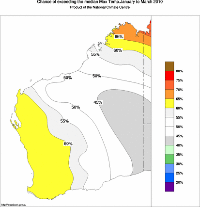 probability of exceeding median maximum temperature - click on the map for a larger version of the map