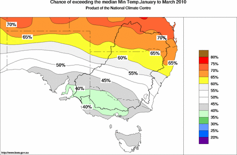 probability of exceeding median minimum temperature - click on the map for a larger version of the map