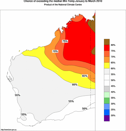 probability of exceeding median minimum temperature - click on the map for a larger version of the map