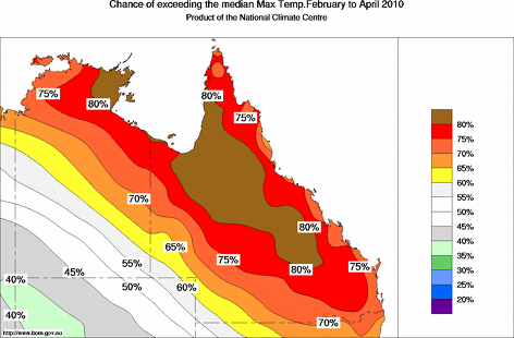 probability of exceeding median maximum temperature - click on the map for a larger version of the map