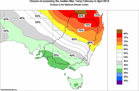 probability of exceeding median maximum temperature - click on the map for a larger version of the map
