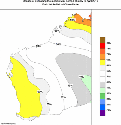 probability of exceeding median maximum temperature - click on the map for a larger version of the map