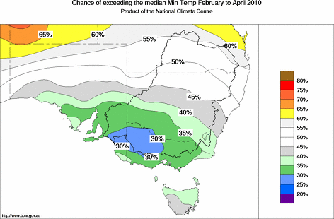 probability of exceeding median minimum temperature - click on the map for a larger version of the map