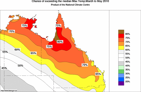 probability of exceeding median maximum temperature - click on the map for a larger version of the map