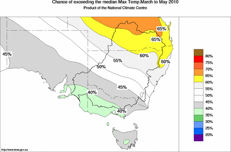 probability of exceeding median maximum temperature - click on the map for a larger version of the map