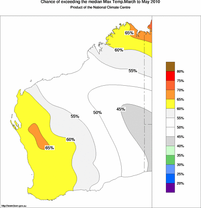 probability of exceeding median maximum temperature - click on the map for a larger version of the map