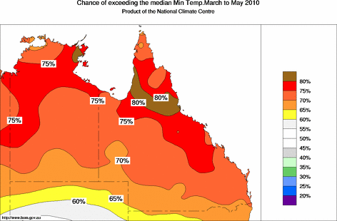 probability of exceeding median minimum temperature - click on the map for a larger version of the map