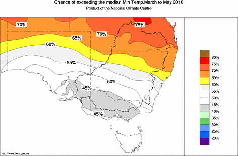 probability of exceeding median minimum temperature - click on the map for a larger version of the map