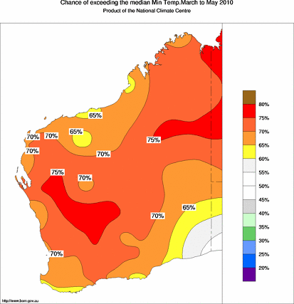 probability of exceeding median minimum temperature - click on the map for a larger version of the map