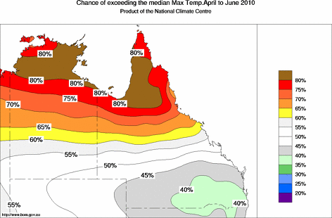 probability of exceeding median maximum temperature - click on the map for a larger version of the map