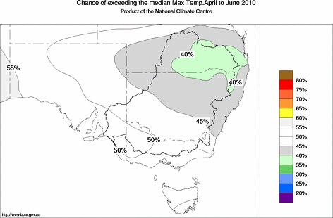 probability of exceeding median maximum temperature - click on the map for a larger version of the map