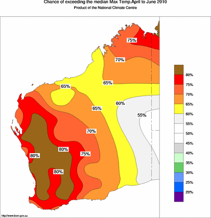probability of exceeding median maximum temperature - click on the map for a larger version of the map