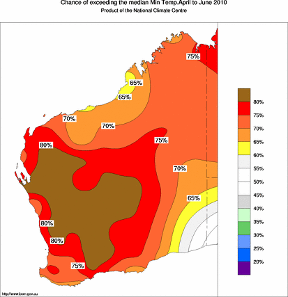 probability of exceeding median minimum temperature - click on the map for a larger version of the map