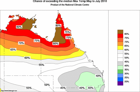 probability of exceeding median maximum temperature - click on the map for a larger version of the map